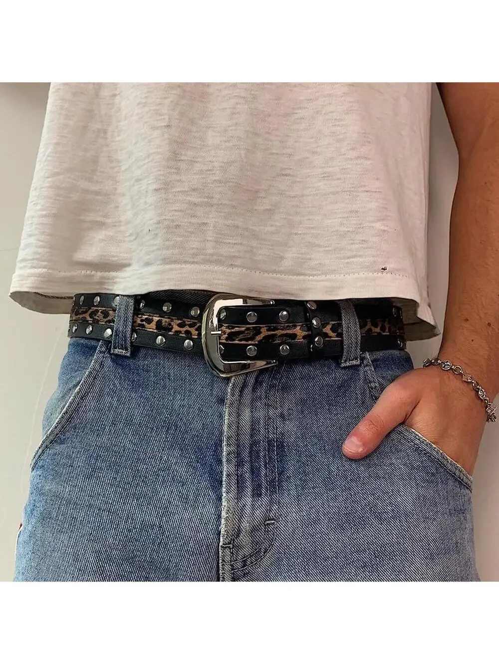Cheetah print studded silver belt buckle belt. Punk gothic y2k style. 37 inches